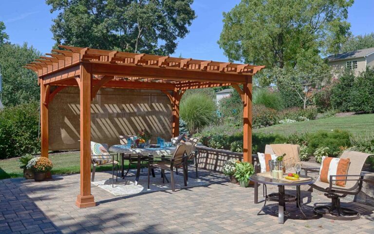 stained 12 x 12 wooden pergola