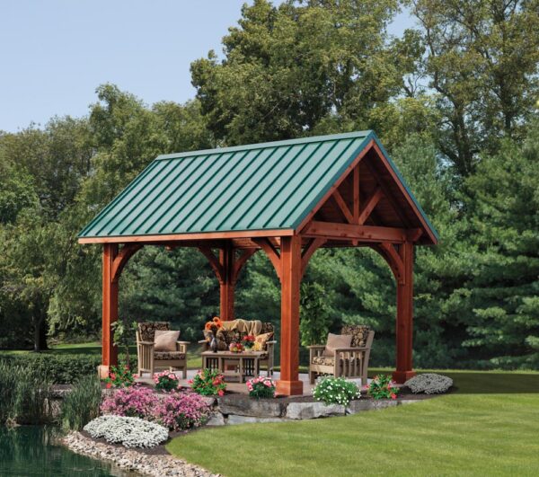 10' x 14' Alpine Cedar wood pavilion with canyon brown stain and classic green standing seam metal roof