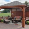 12x14' Traditional Wood Pavilion in Canyon Brown Stain with Asphalt Shingles, Superior Posts and Privacy Wall