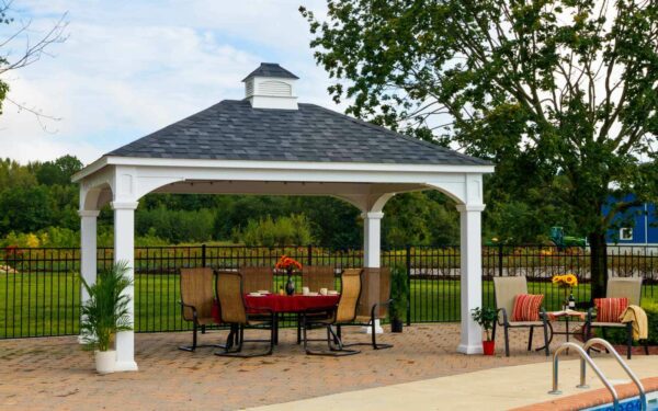 12x16' Traditional White Vinyl Pavilion with Asphalt Shingles and 8x8