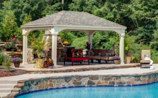 12x18' Traditional Ivory Vinyl Pavilion with Asphalt Shingles and 8x8