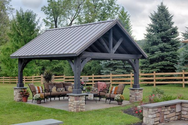 14' x 14' Alpine Cedar wood pavilion cinder stain slate gray standing seam metal roof