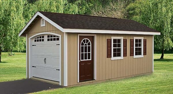 A-Frame shed with brown siding and overhead door