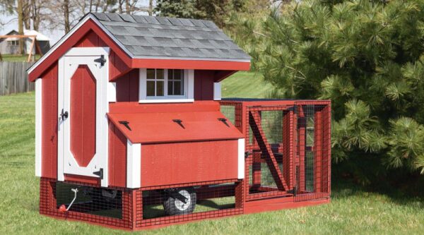 4x4 tractor red painted with white trim chicken coop