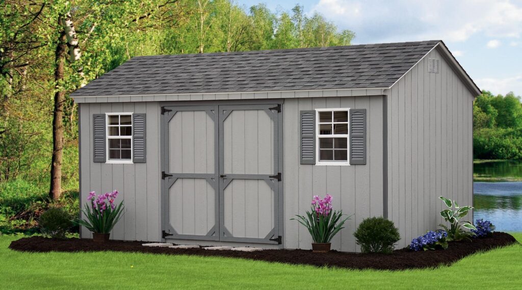 Wooden A-Frame style shed with wood siding.