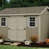 A-Frame shed with brown siding, tan trim and double door