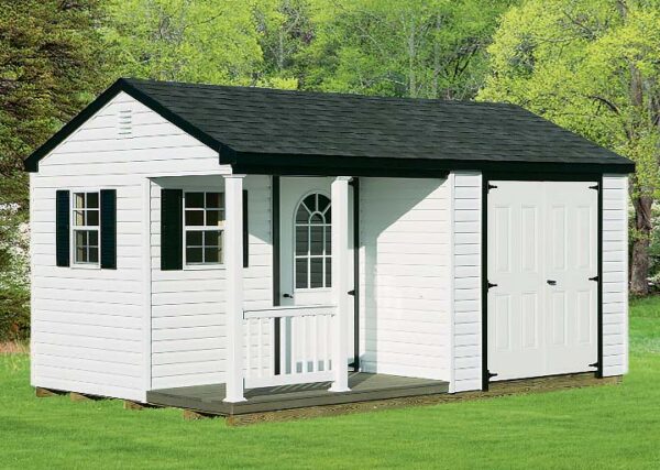 A-Frame shed with white siding, white trim and porch