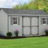 A-Frame shed with gray siding, dark gray trim and double door