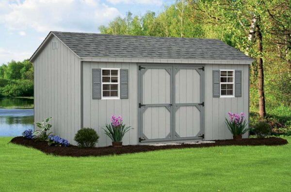 A-Frame shed with gray siding, dark gray trim and double door