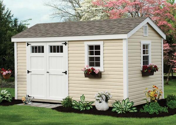 A-Frame shed with tan siding, white trim and double door