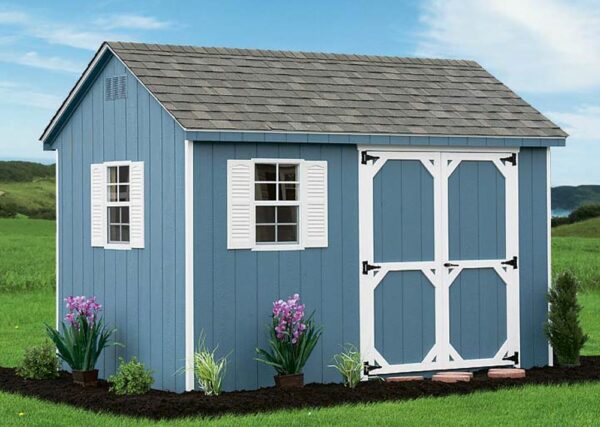 Blue Cape Cod Shed with white trim