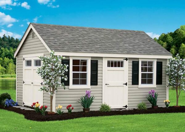 Tan Cape Cod Shed with white trim