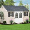 Tan Cape Cod Shed with white double doors and dark shingle roof