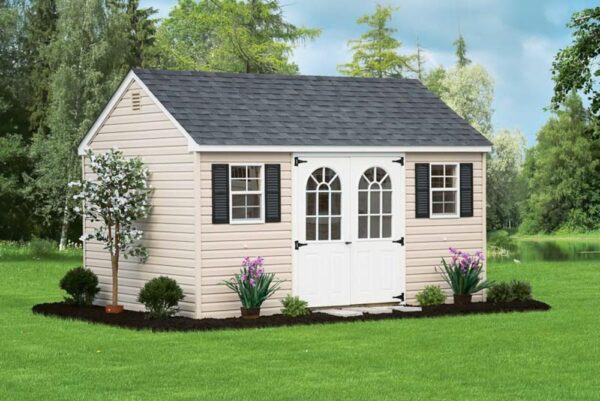 Tan Cape Cod Shed with white double doors and dark shingle roof