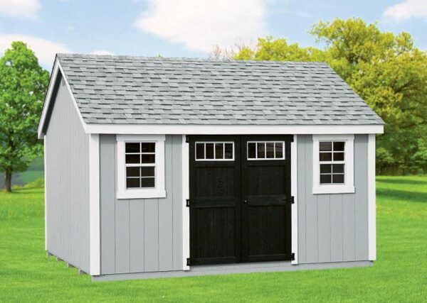 Gray Cape Cod Shed with Dark double doors