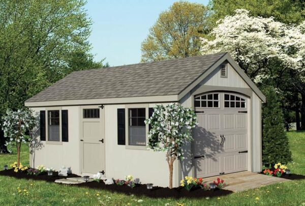 Tan Cape Cod Shed with doors on the side and end