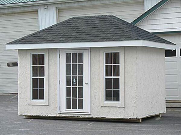 Hip Roof shed with full glass door and white siding