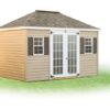 Hip Roof shed with tan siding