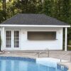 Hip Roof pool house shed with white siding