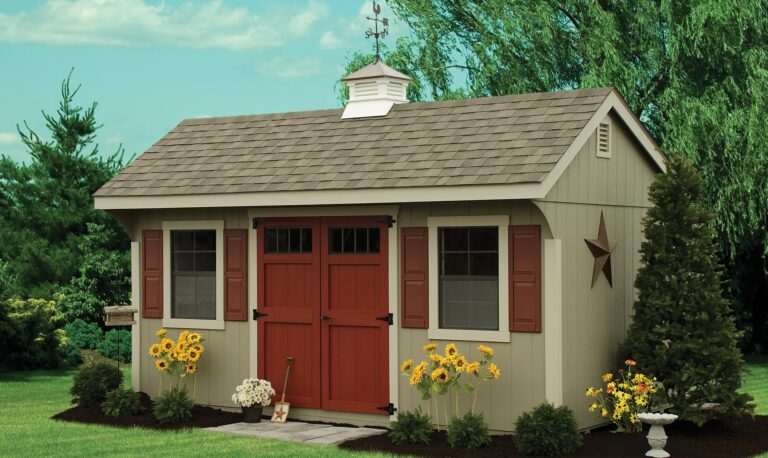 A wooden quaker-style storage shed.