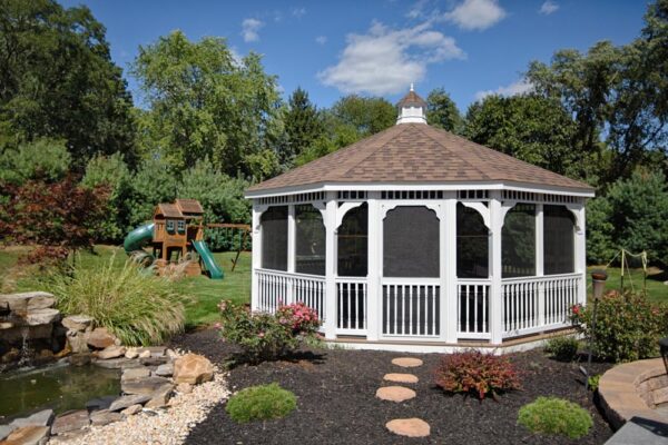20' octagon colonial style white vinyl gazebo with vinyl and cupola