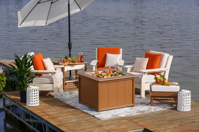 poly firepit and ply chairs on dock