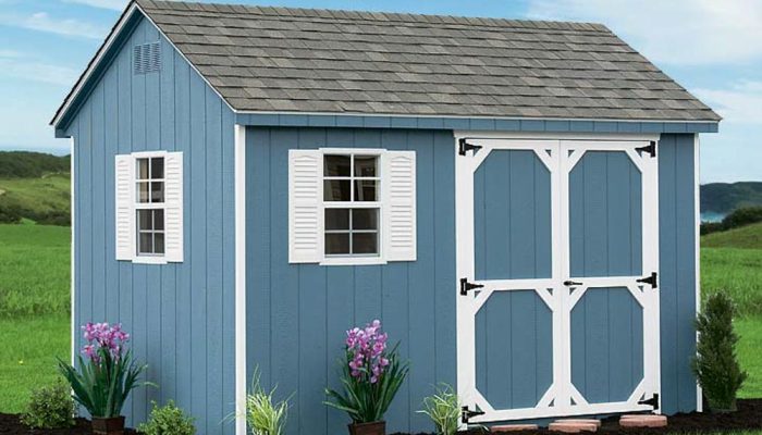 Blue Cape Cod Shed with white trim