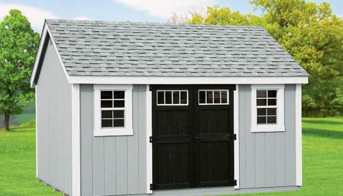 Gray Cape Cod Shed with Dark double doors