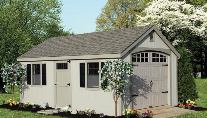 Tan Cape Cod Shed with doors on the side and end